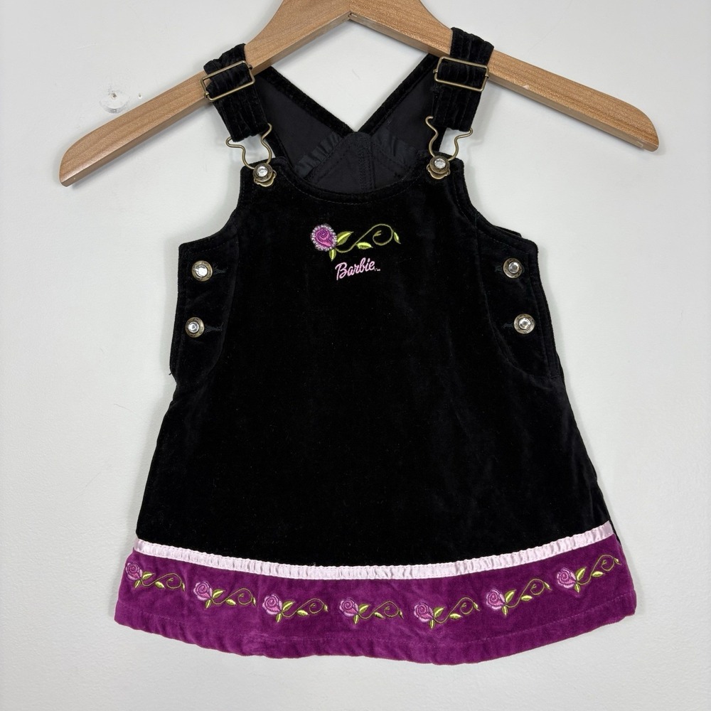 Vtg Y2K Barbie Avenue Velvet Overall Dress Sz 2T Black Embroidered Floral‎